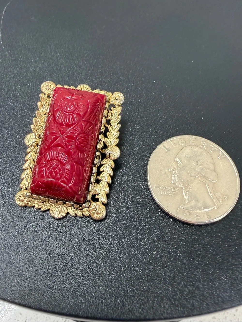 Vintage Asian Inspired Cinnabar Style Red Carved Filigree Clip On Earrings